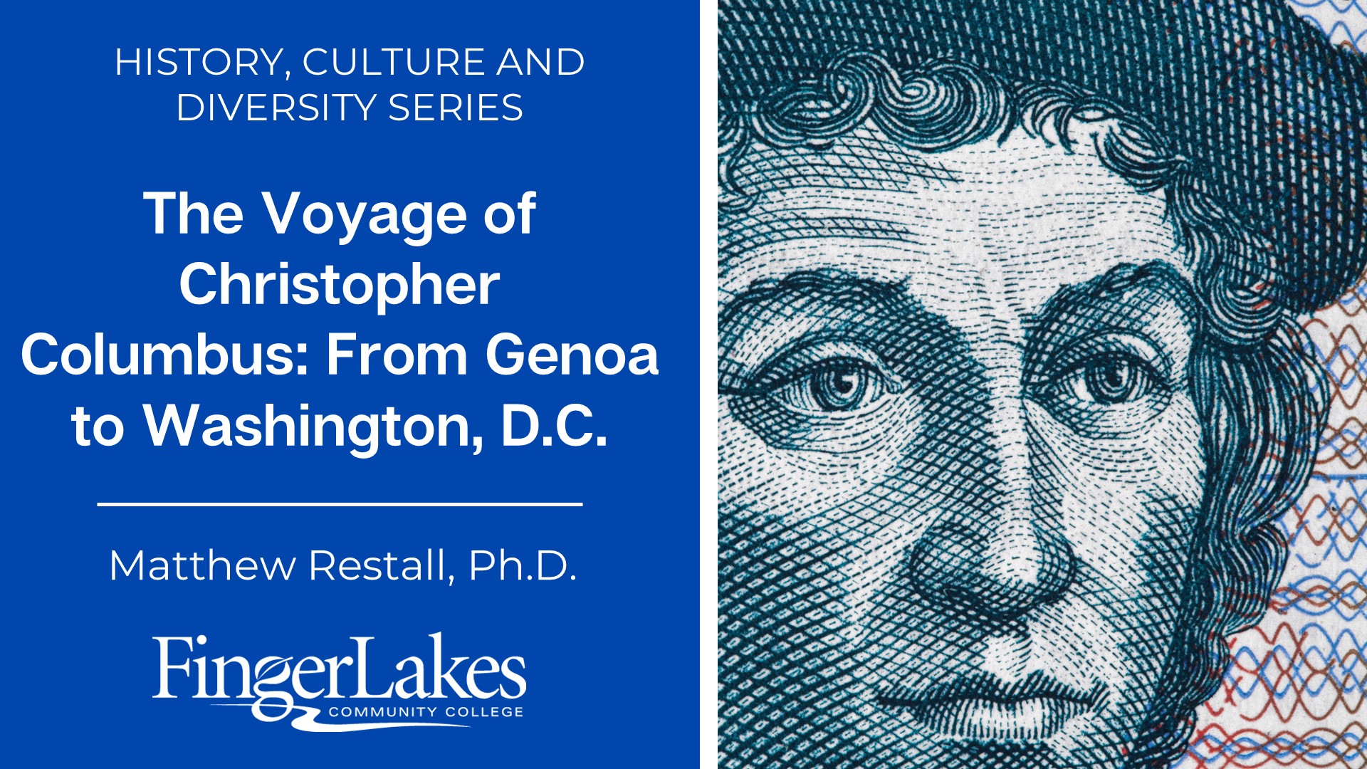 Promotional graphic for lecture on Columbus with stylized drawing of his face