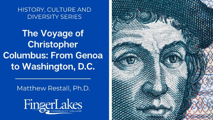 Promotional graphic for lecture on Columbus with stylized drawing of his face